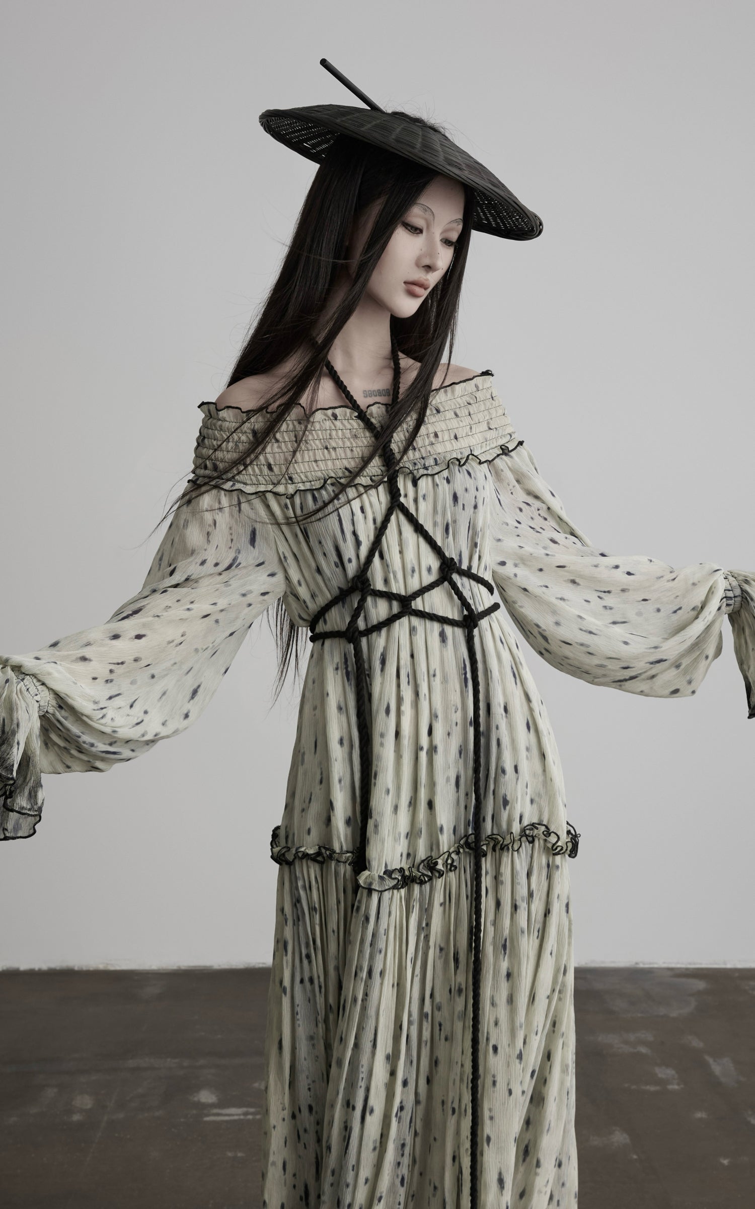 DOINDULGE Off-Shoulder Shirred Ruffle Maxi Dress