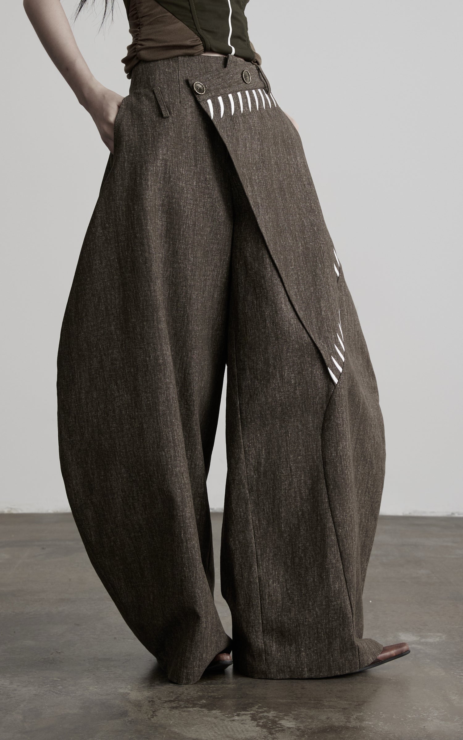 DOINDULGE Asymmetric Overlay Embroidered Wide Leg Pants