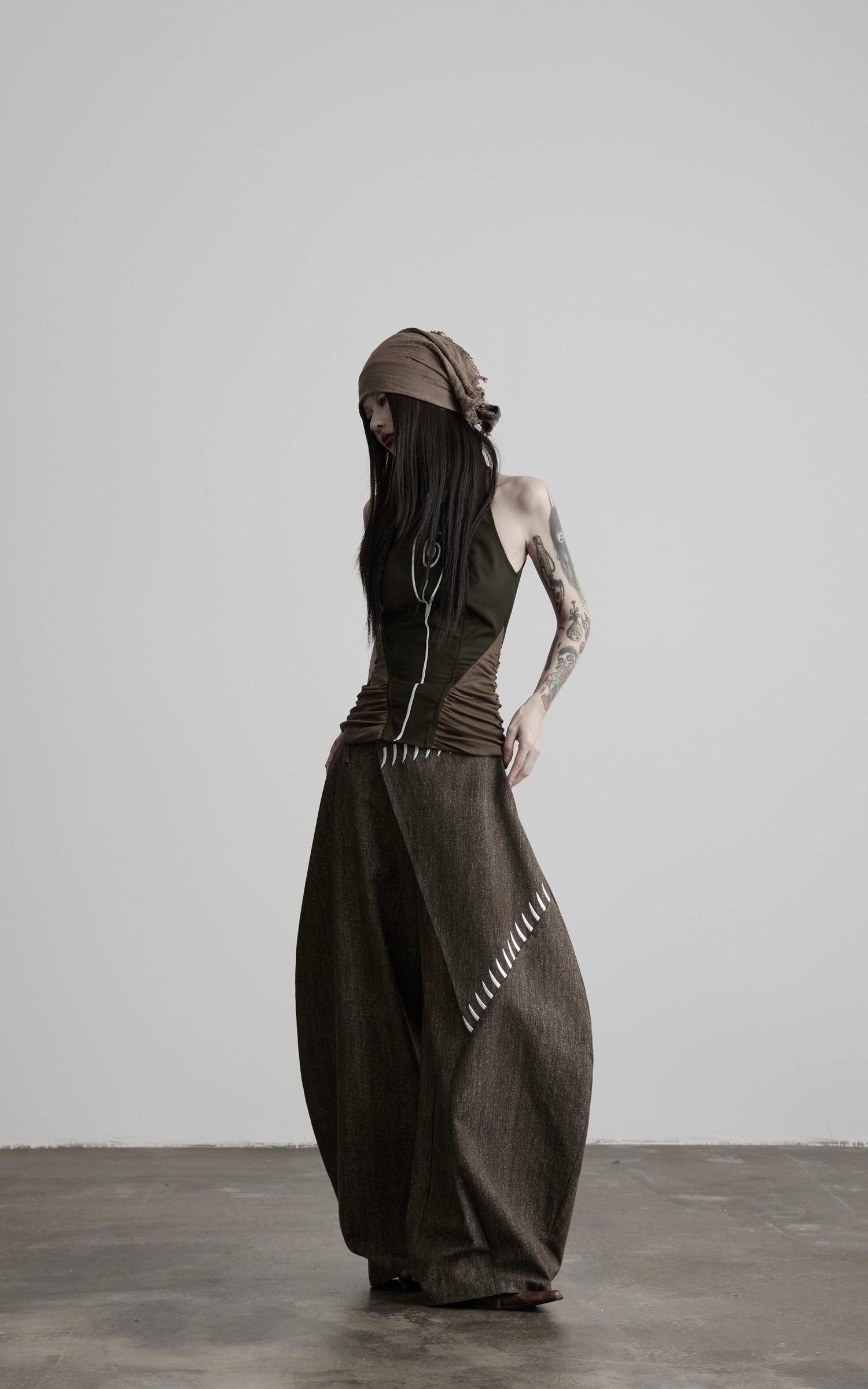 DOINDULGE Asymmetric Overlay Embroidered Wide Leg Pants