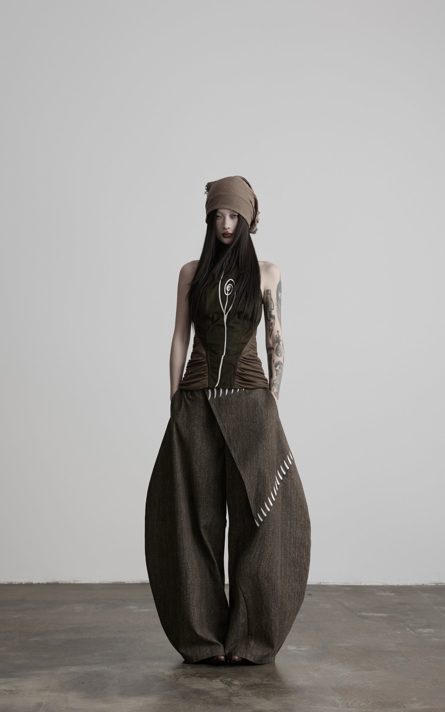 DOINDULGE Asymmetric Overlay Embroidered Wide Leg Pants