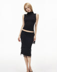 IAMXIAA Layered Tulle Ruffle Hem Low Rise Bodycon Midi Skirt