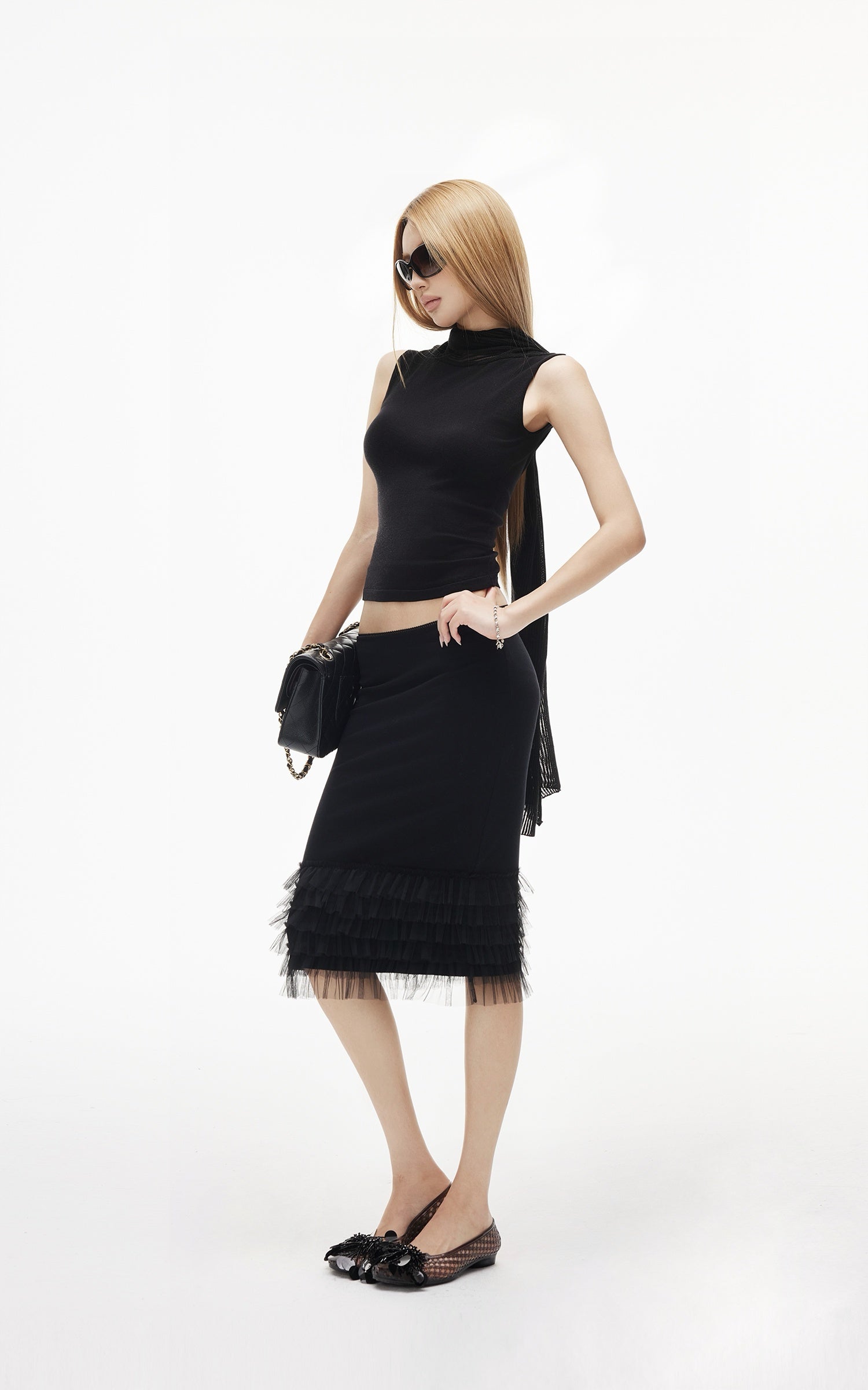IAMXIAA Sheer Ribbed Knit Cape Sleeve Open Back Cropped Top
