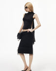 IAMXIAA Layered Tulle Ruffle Hem Low Rise Bodycon Midi Skirt