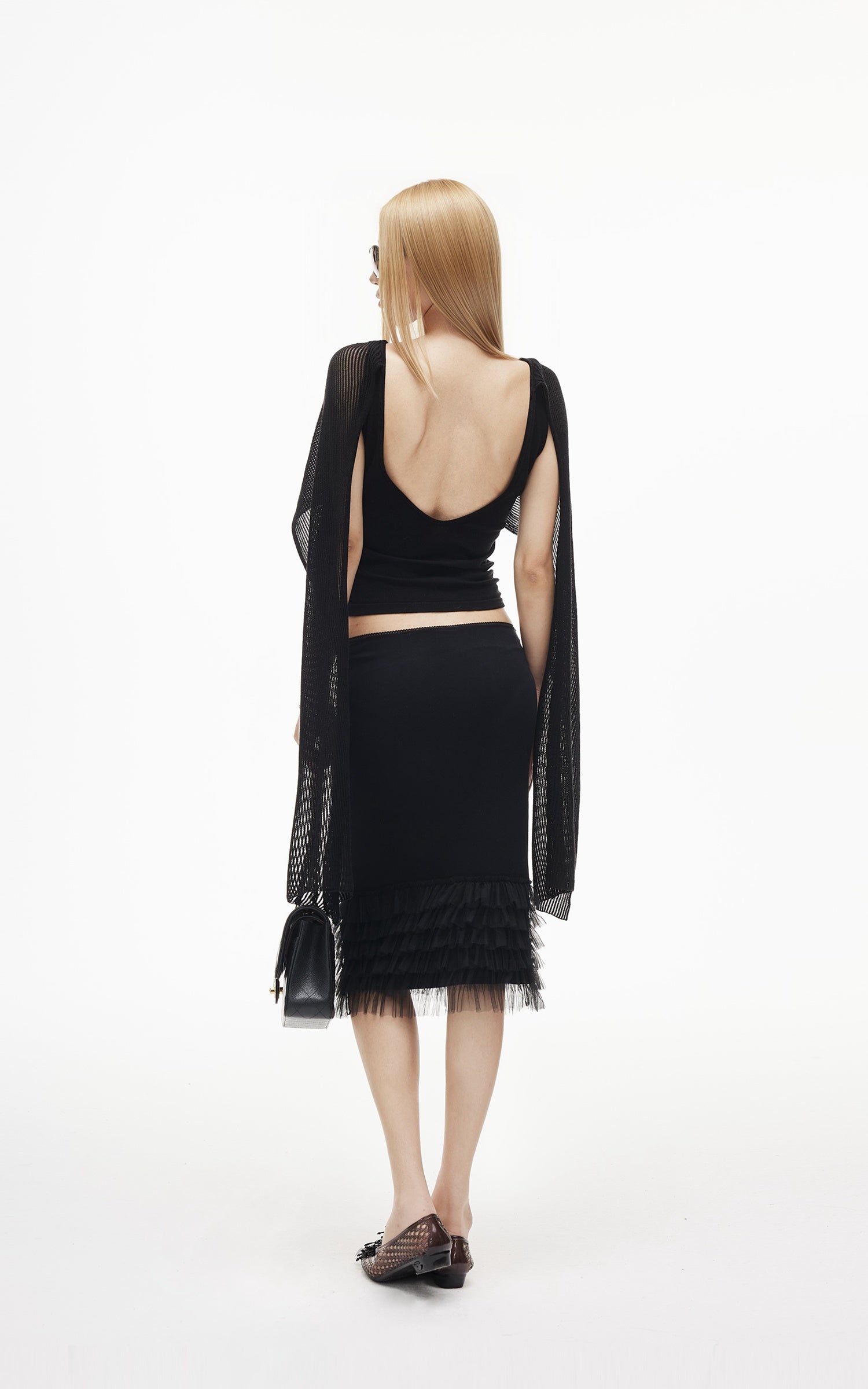 IAMXIAA Layered Tulle Ruffle Hem Low Rise Bodycon Midi Skirt