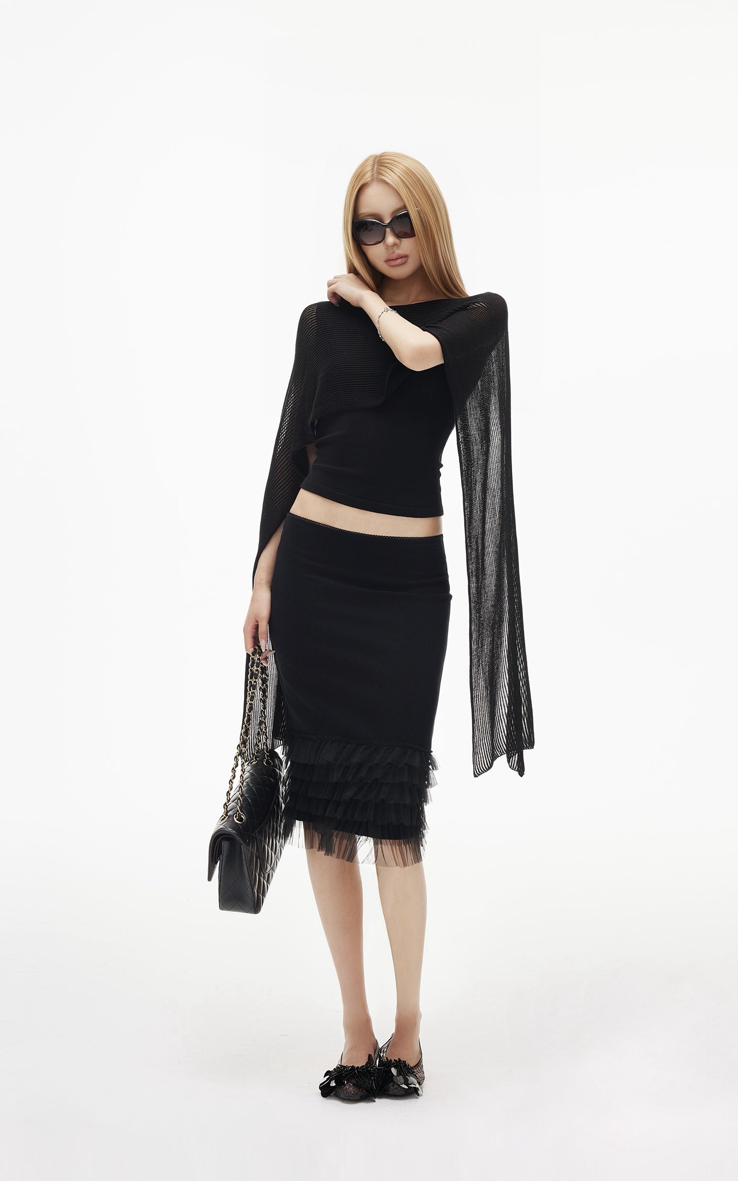 IAMXIAA Sheer Ribbed Knit Cape Sleeve Open Back Cropped Top