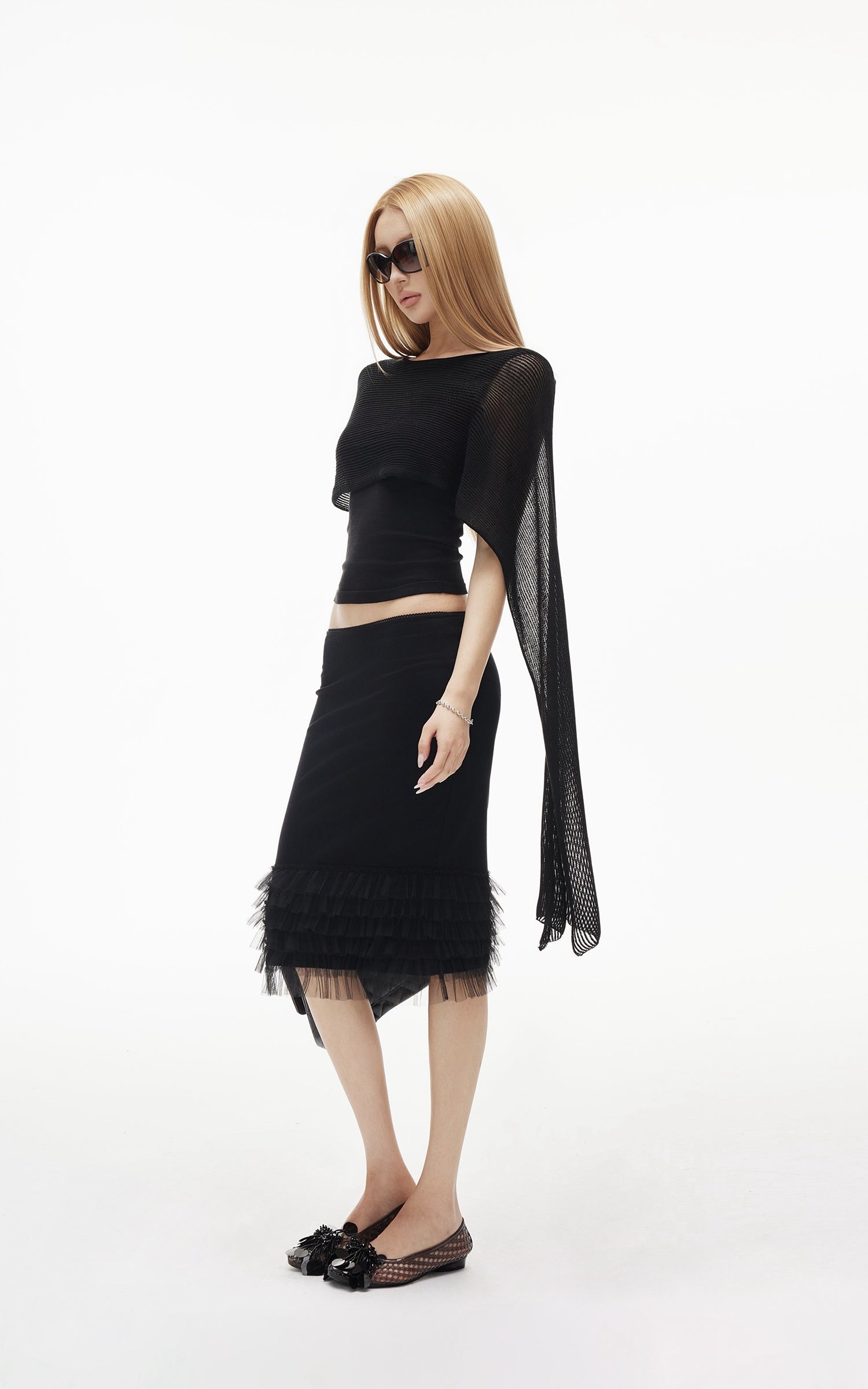 IAMXIAA Sheer Ribbed Knit Cape Sleeve Open Back Cropped Top