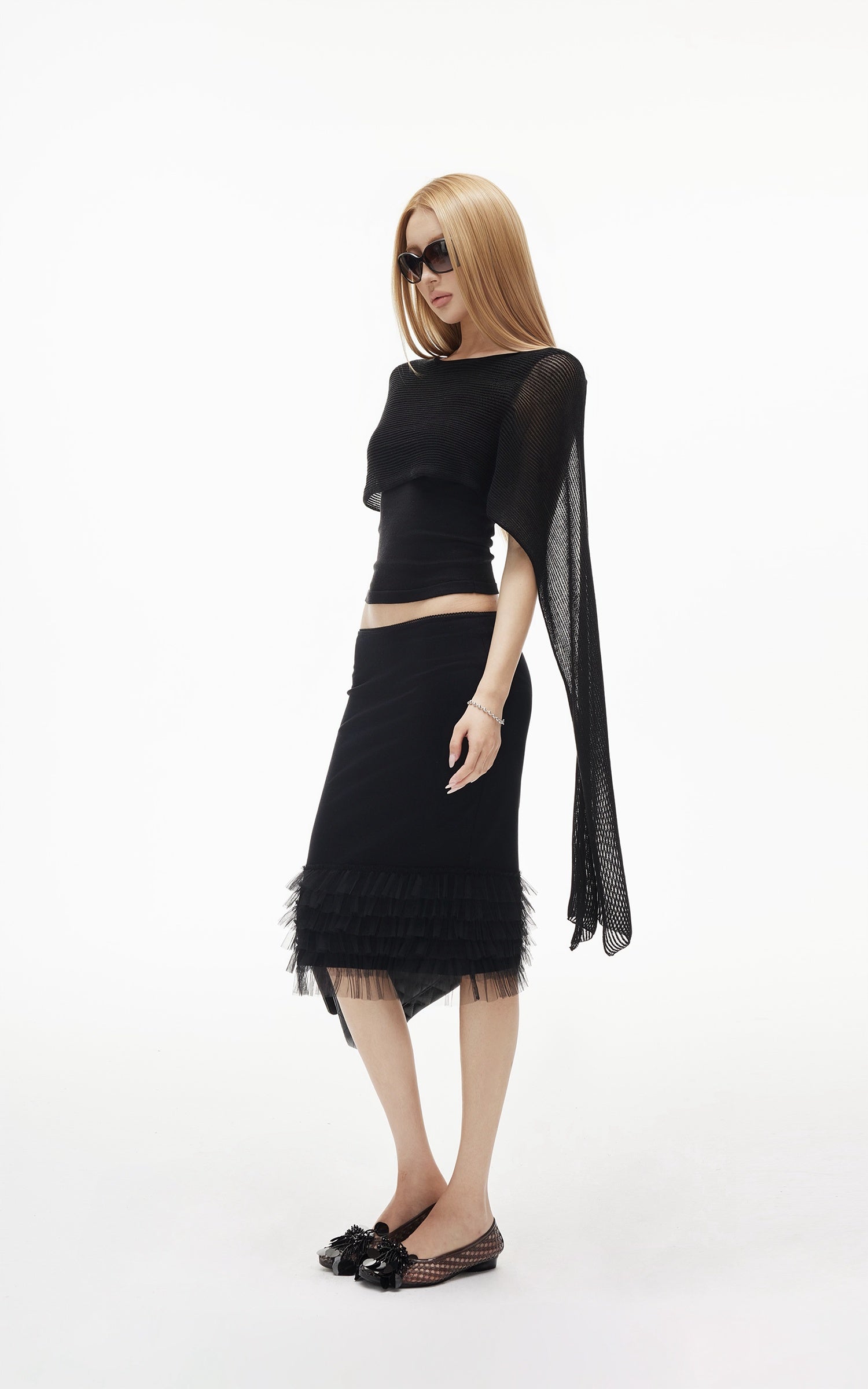 IAMXIAA Layered Tulle Ruffle Hem Low Rise Bodycon Midi Skirt
