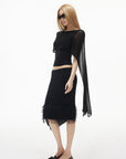 IAMXIAA Layered Tulle Ruffle Hem Low Rise Bodycon Midi Skirt