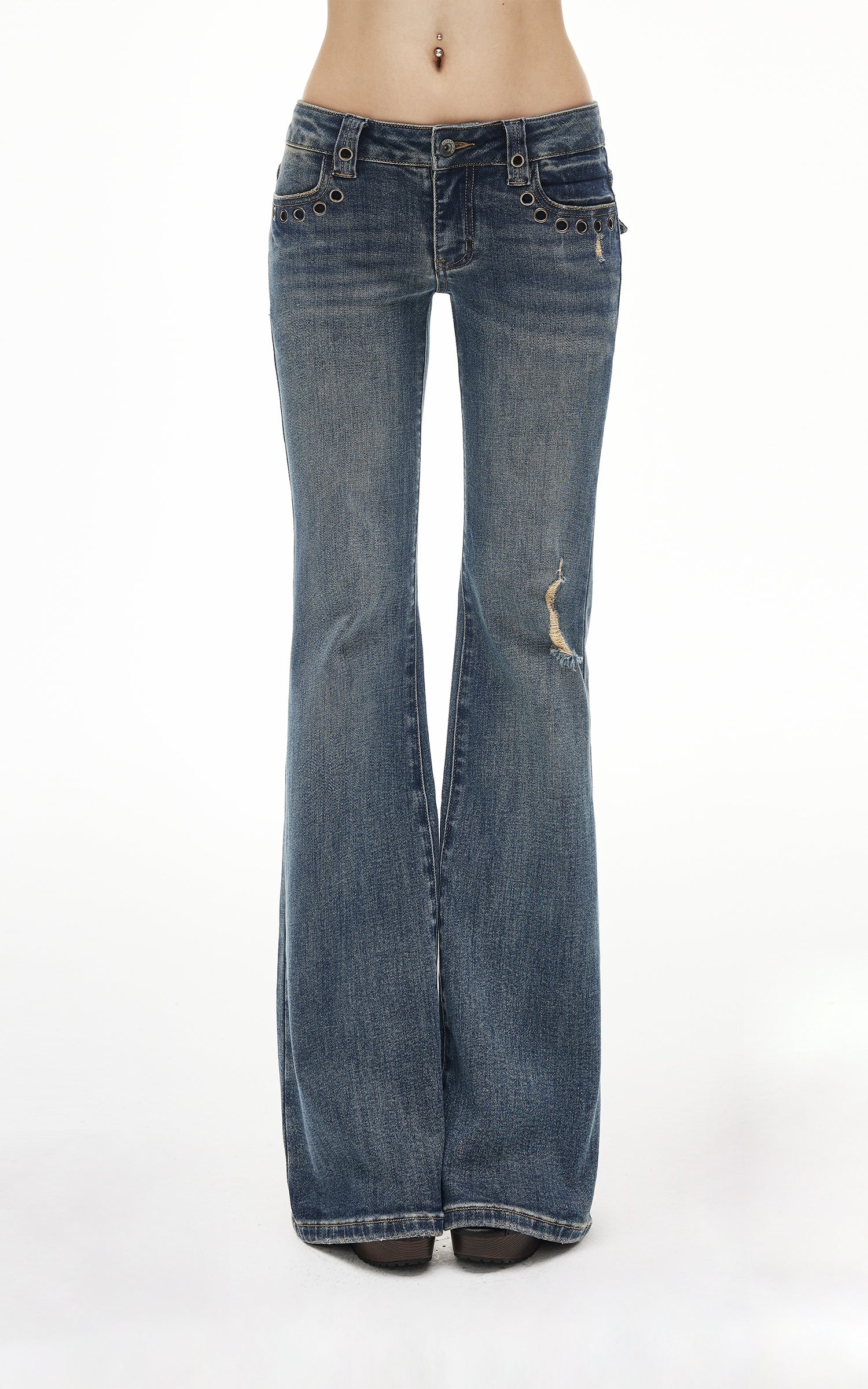 IAMXIAA Low-Rise Eyelet Pocket Distressed Flared Denim Jeans with Vintage Wash