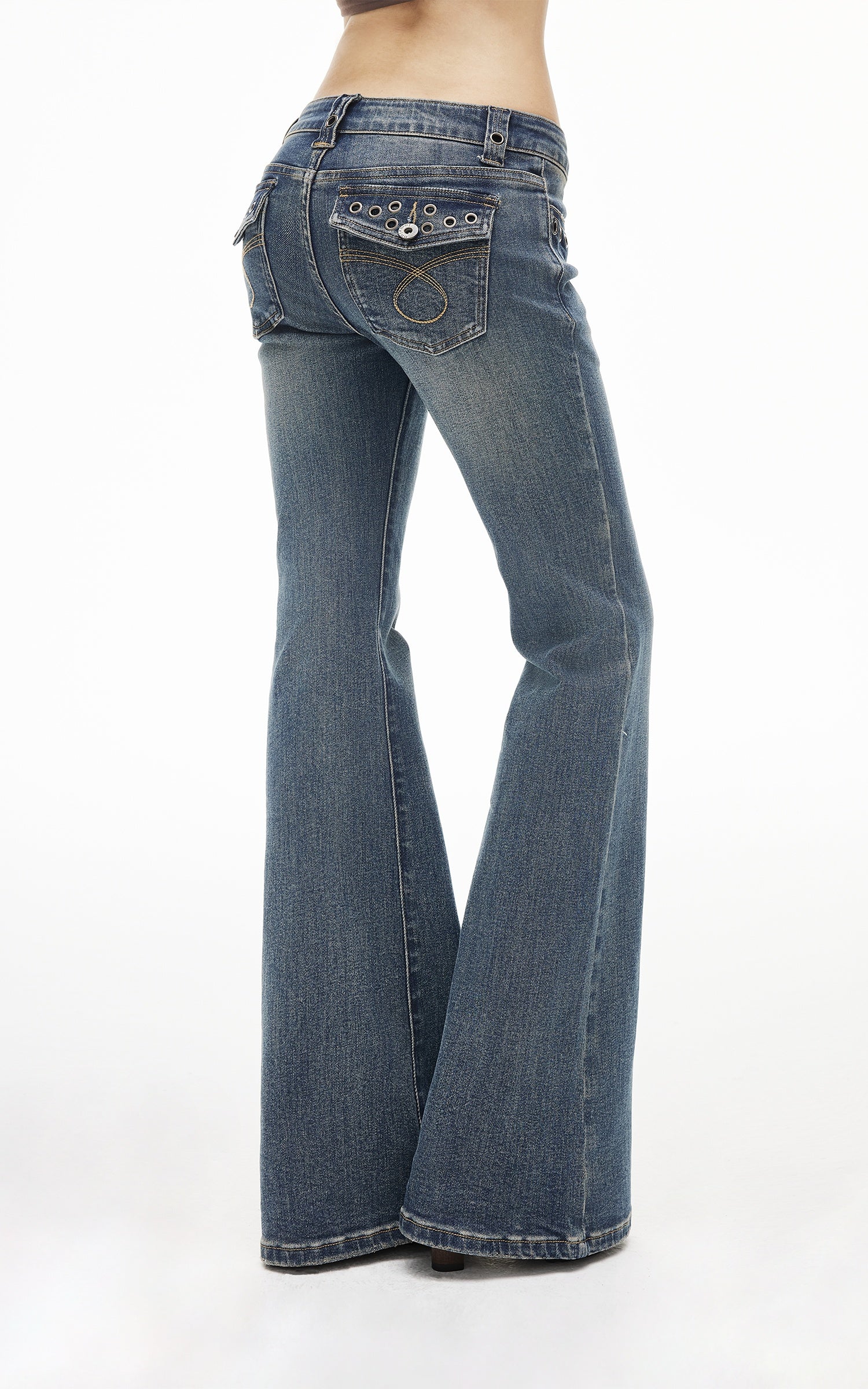 IAMXIAA Low-Rise Eyelet Pocket Distressed Flared Denim Jeans with Vintage Wash