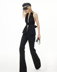 IAMXIAA Sequin Waist Halter Open-Back Peplum Top
