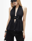 IAMXIAA Sequin Waist Halter Open-Back Peplum Top