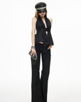 IAMXIAA Sequin Waist Halter Open-Back Peplum Top