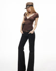 IAMXIAA Ruched V-Neck Button Front Slim Fit Short Sleeve Stretch Tee