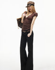 IAMXIAA Ruched V-Neck Button Front Slim Fit Short Sleeve Stretch Tee