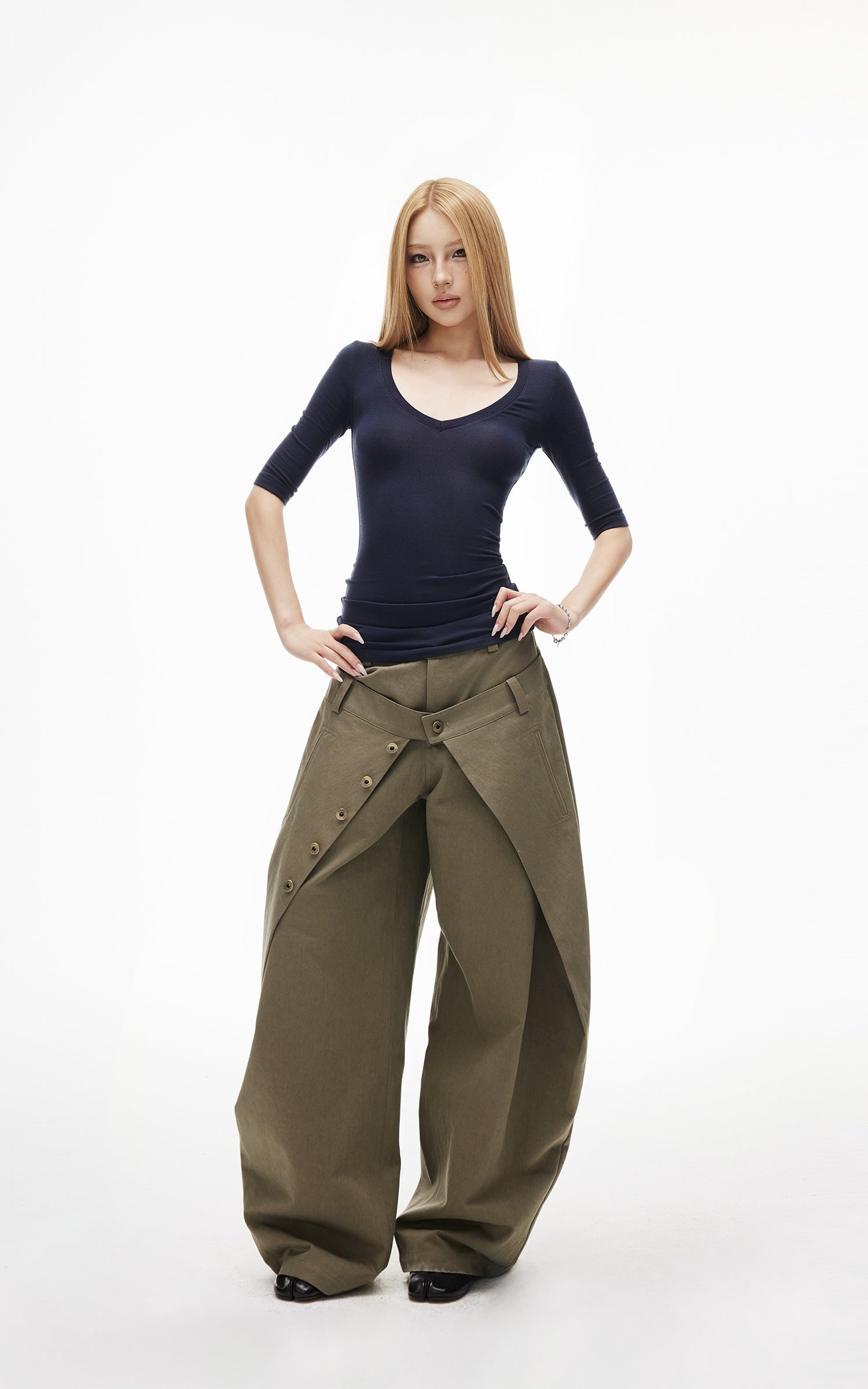 IAMXIAA Layered Waist Button Detail Wide-Leg Barrel Pants