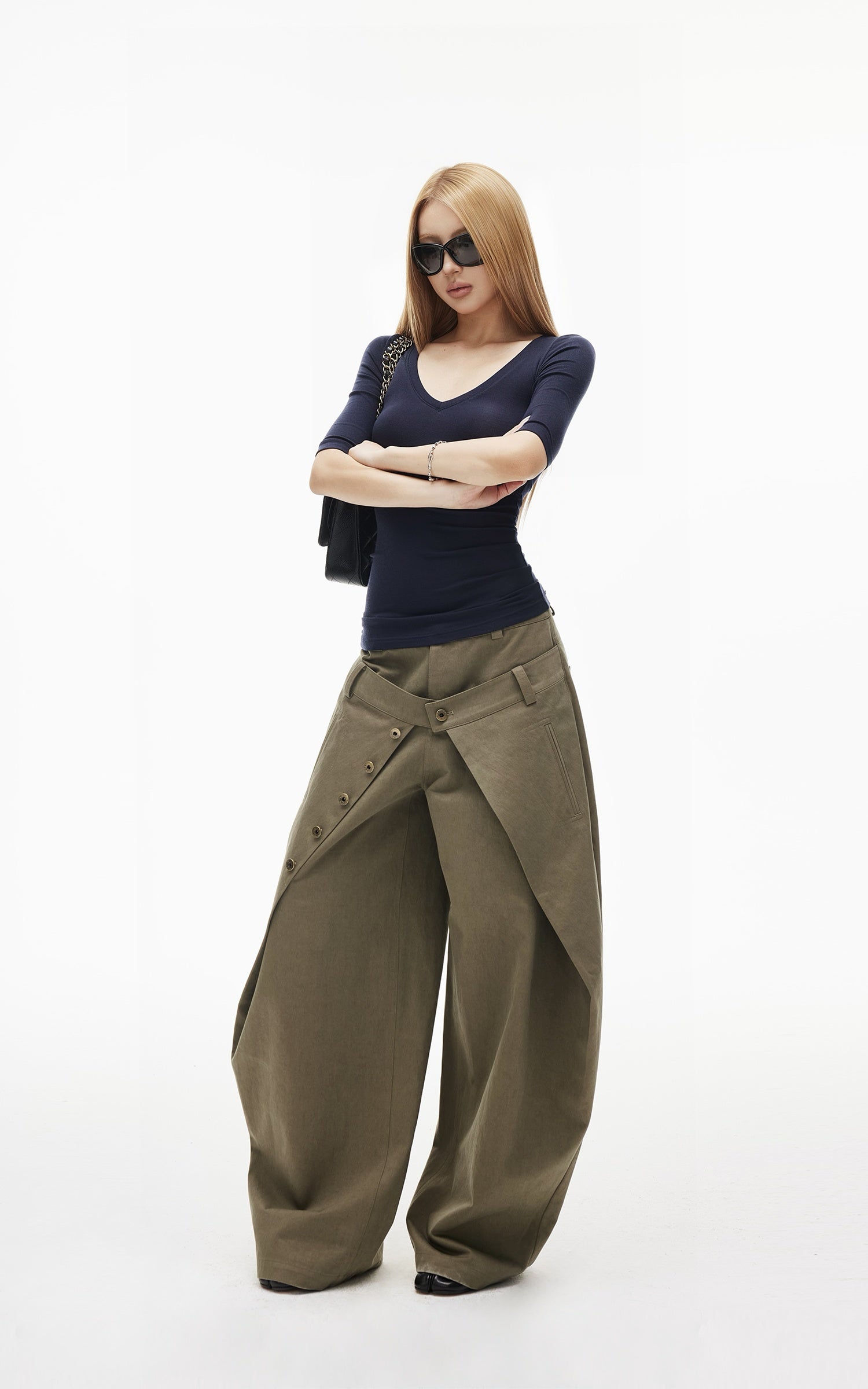 IAMXIAA Layered Waist Button Detail Wide-Leg Barrel Pants