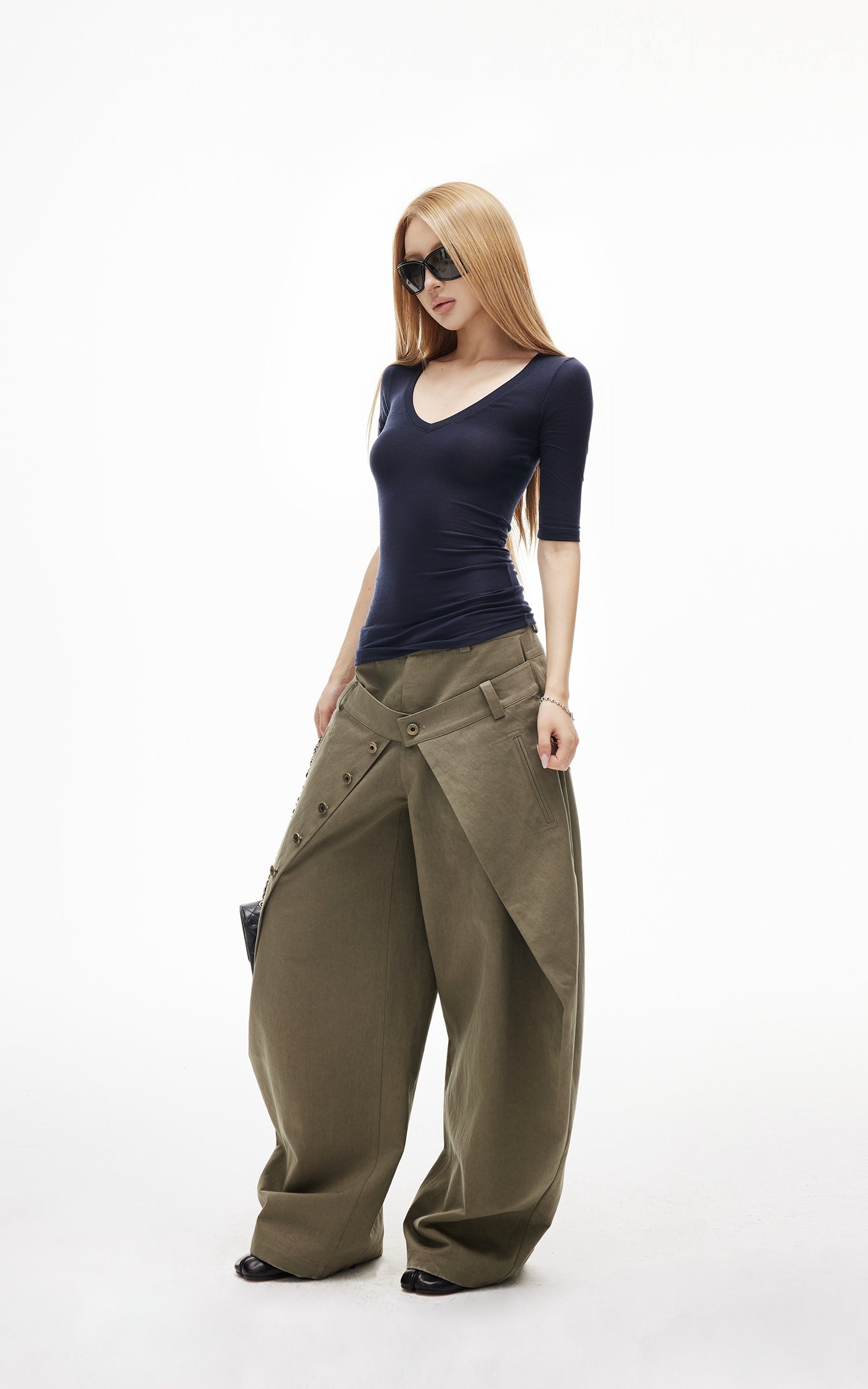 IAMXIAA Layered Waist Button Detail Wide-Leg Barrel Pants