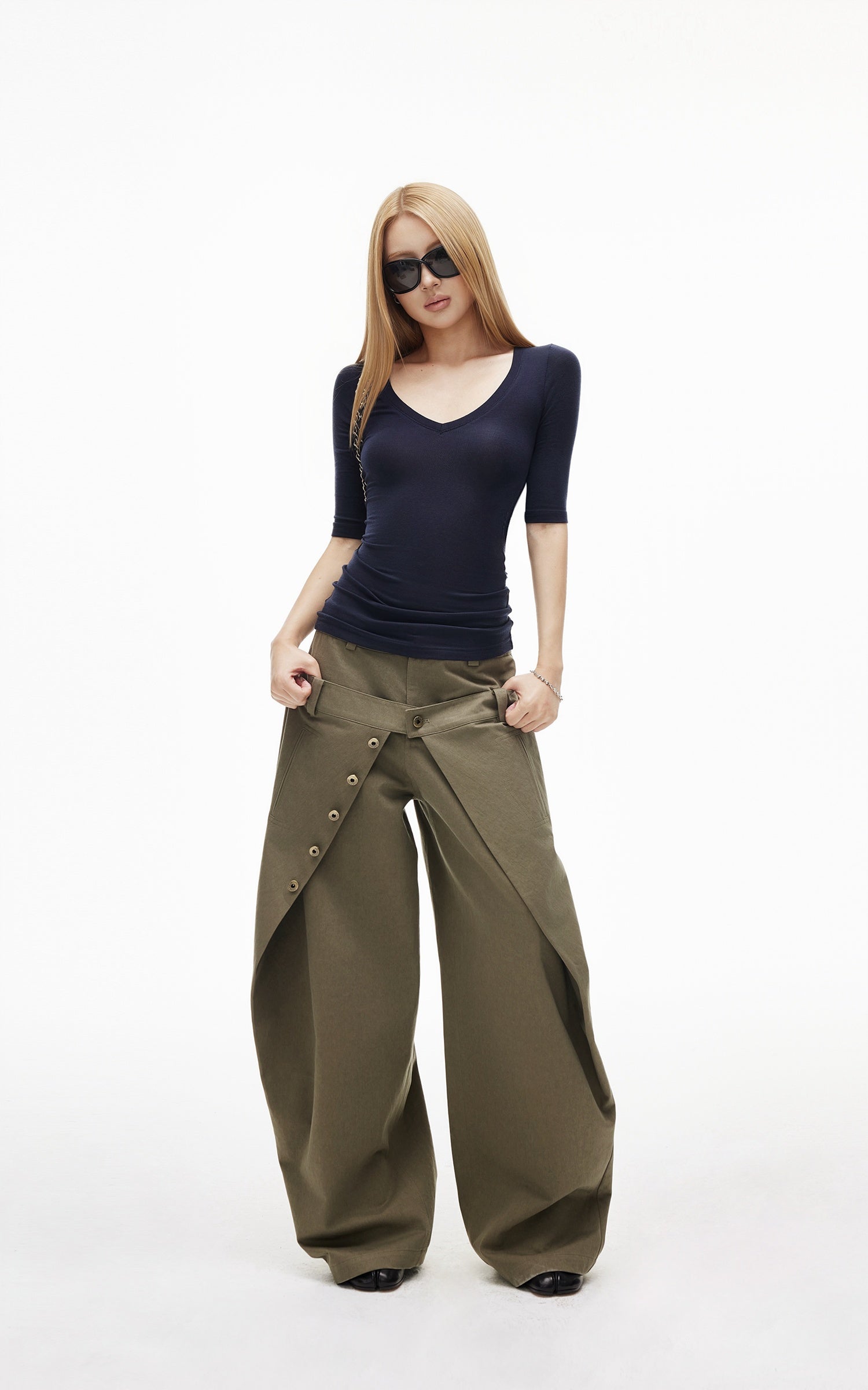 IAMXIAA Layered Waist Button Detail Wide-Leg Barrel Pants