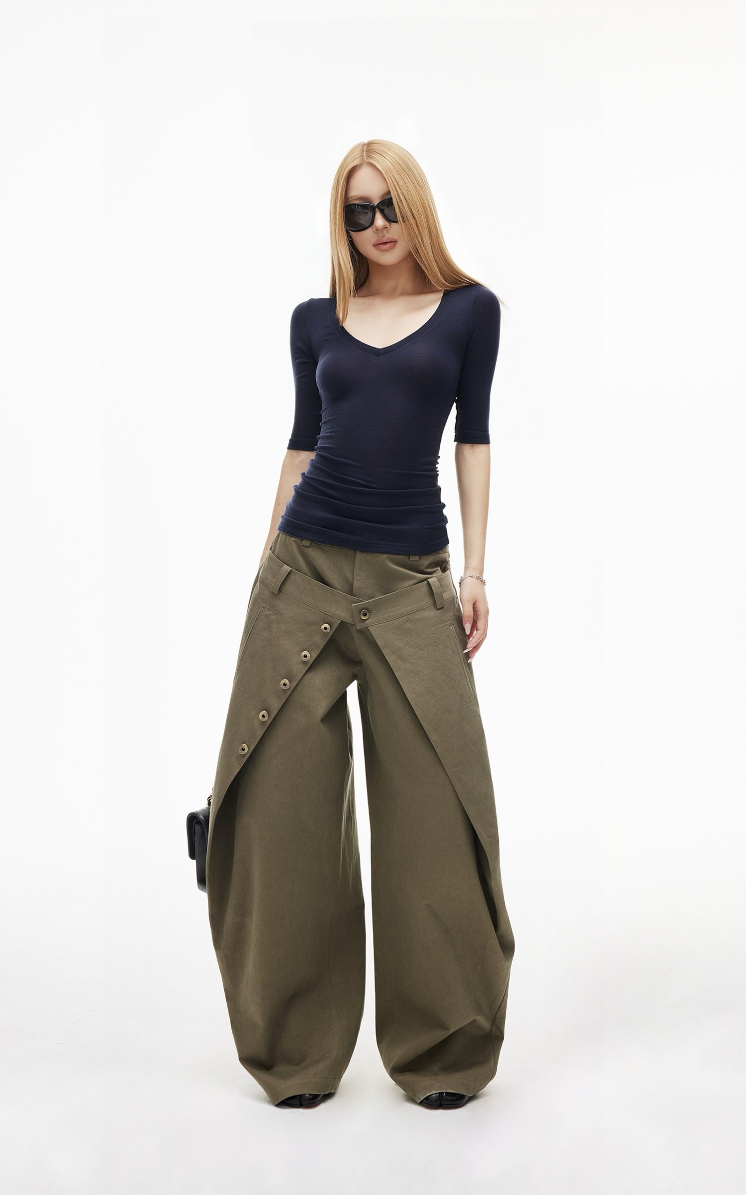 IAMXIAA Layered Waist Button Detail Wide-Leg Barrel Pants