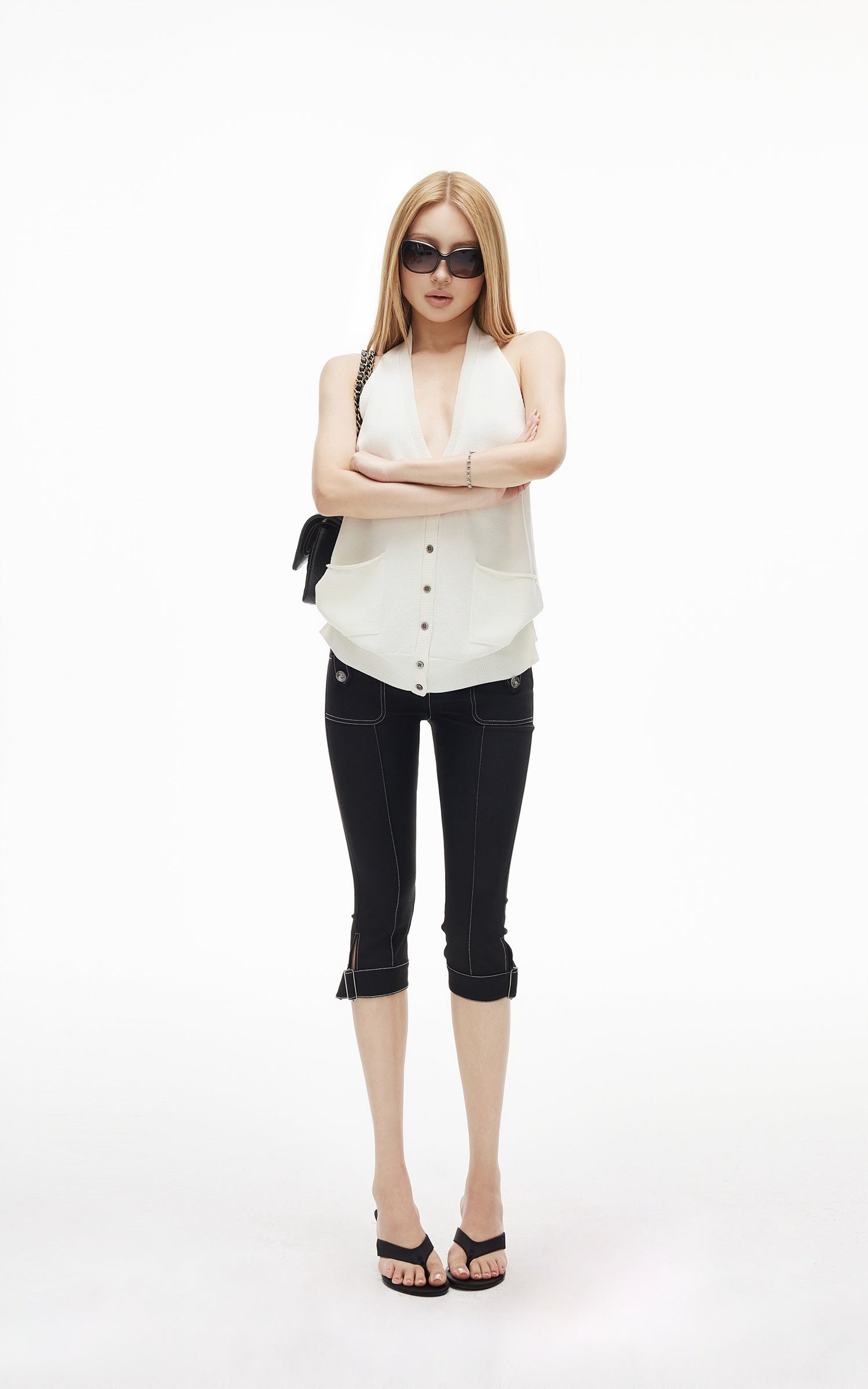 IAMXIAA Deep Halter Open-Back Button Knit Tank Top