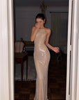 ROVENTE Rhinestone Mesh Halter Maxi Dress