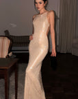 ROVENTE Rhinestone Mesh Halter Maxi Dress