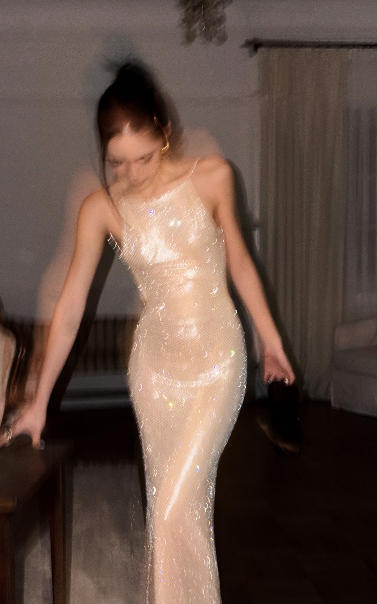 ROVENTE Rhinestone Mesh Halter Maxi Dress