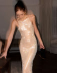ROVENTE Rhinestone Mesh Halter Maxi Dress