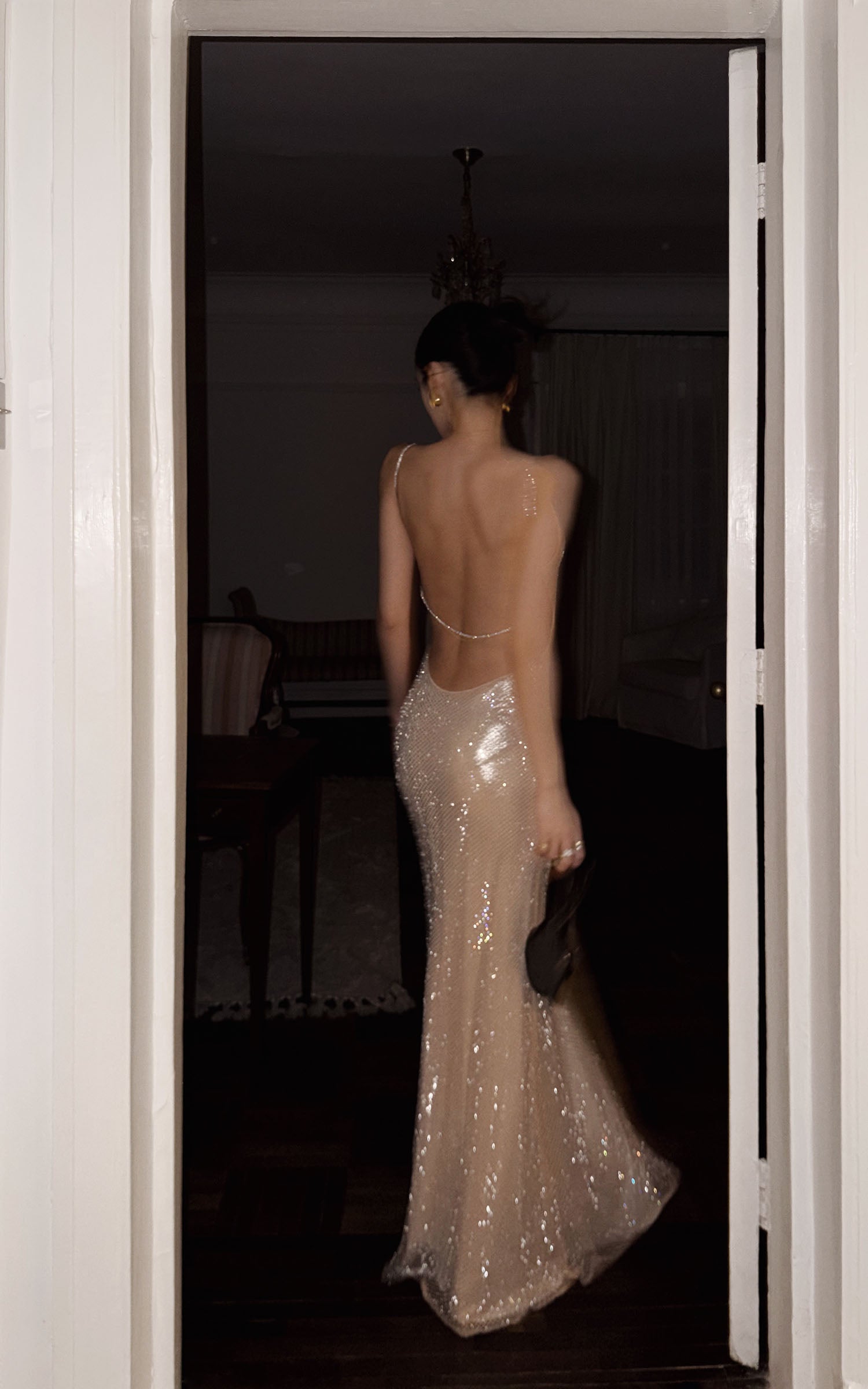 ROVENTE Rhinestone Mesh Halter Maxi Dress