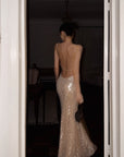 ROVENTE Rhinestone Mesh Halter Maxi Dress