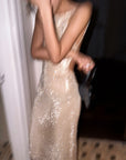 ROVENTE Rhinestone Mesh Halter Maxi Dress