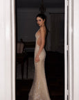 ROVENTE Rhinestone Mesh Halter Maxi Dress
