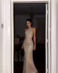 ROVENTE Rhinestone Mesh Halter Maxi Dress