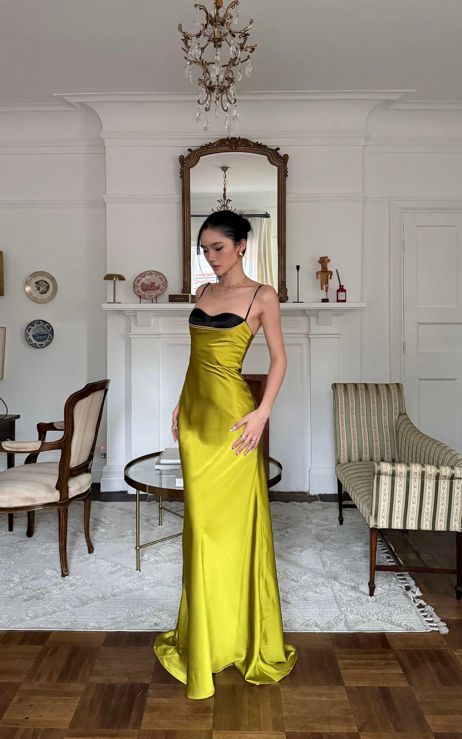 ROVENTE Contrast Bust Satin Flared Maxi Dress