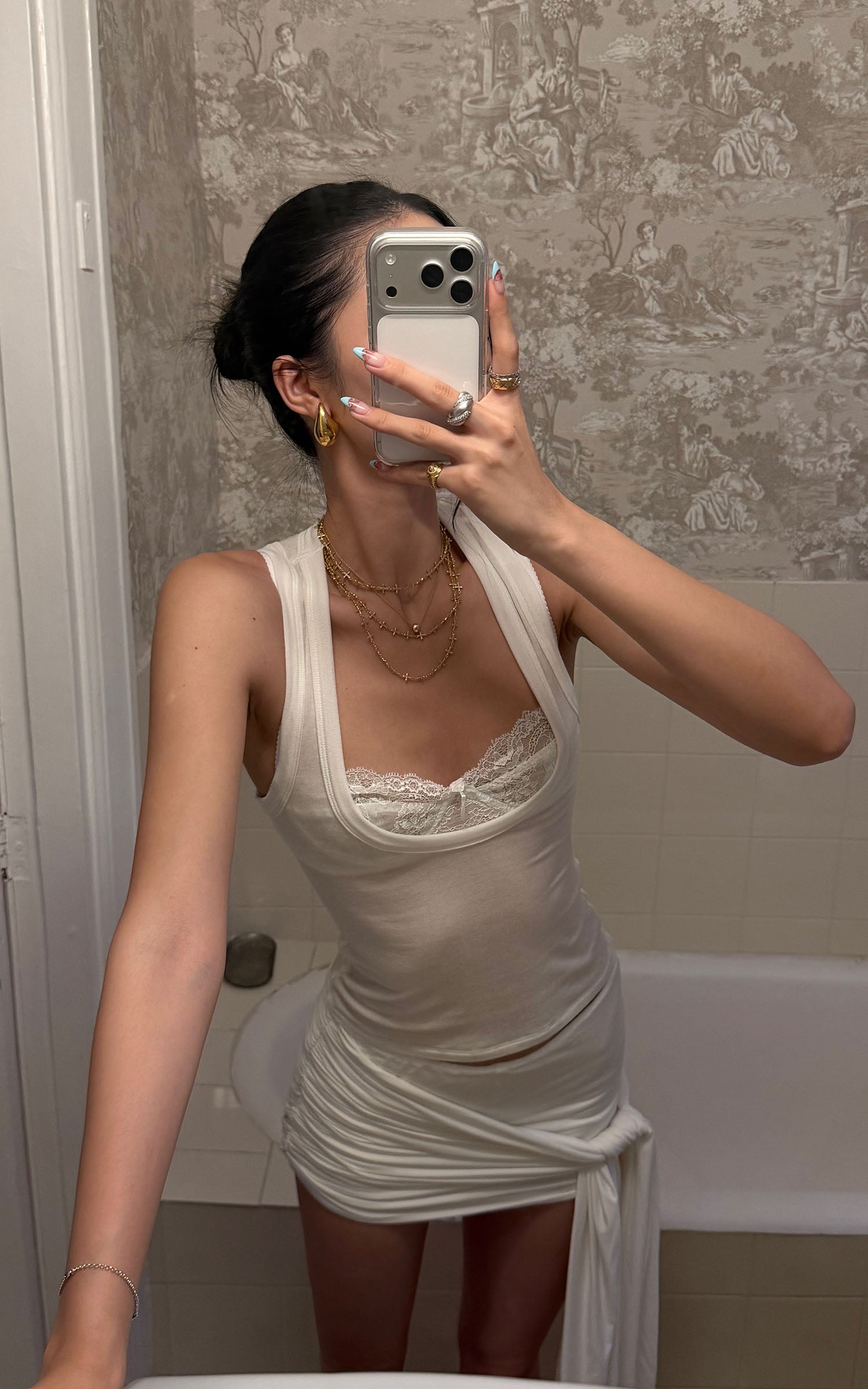 ROVENTE Lace Layered Tank Bra Draped Mini Skirt Set