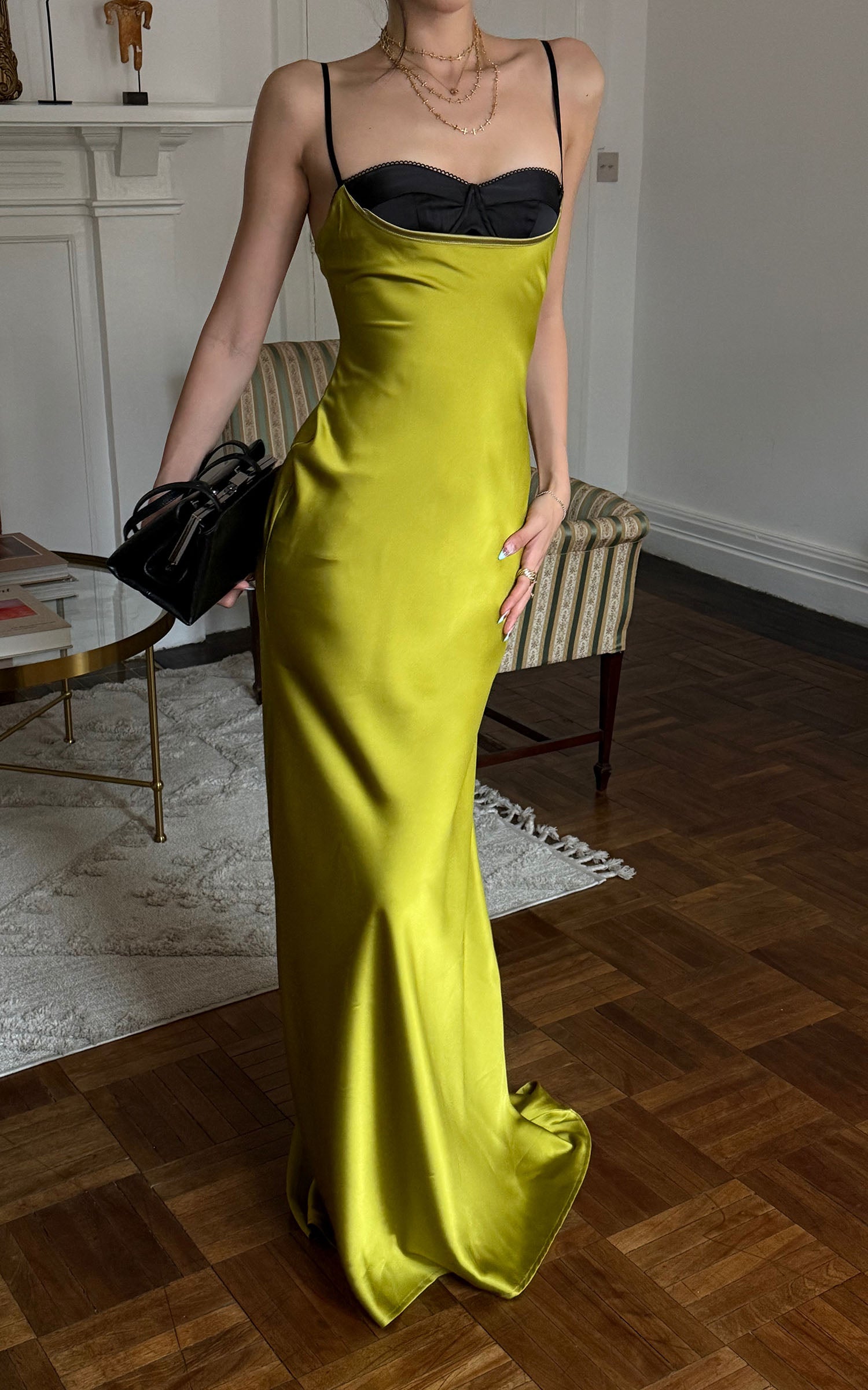 ROVENTE Contrast Bust Satin Flared Maxi Dress
