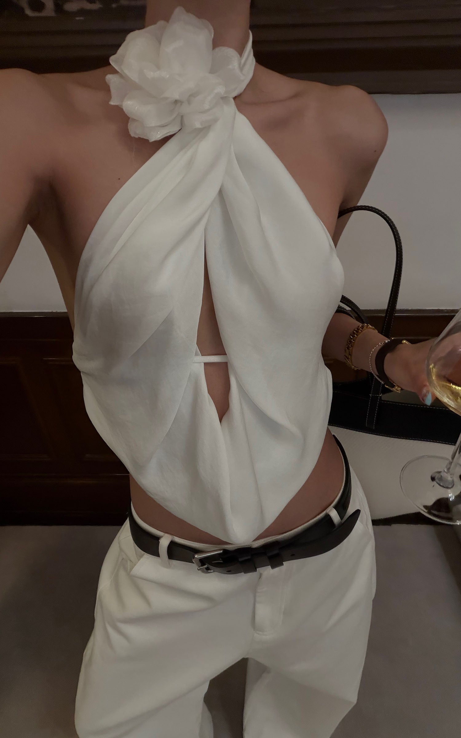 ROVENTE Draped Halter Tie-Neck Cutout Top