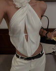 ROVENTE Draped Halter Tie-Neck Cutout Top