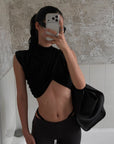ROVENTE Draped Cross Halter Crop Top