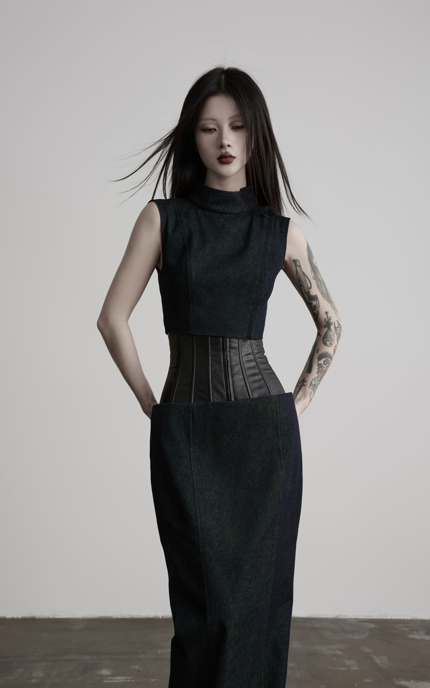 DOINDULGE Mock Neck Vest Corset Maxi Skirt Three-Piece Set