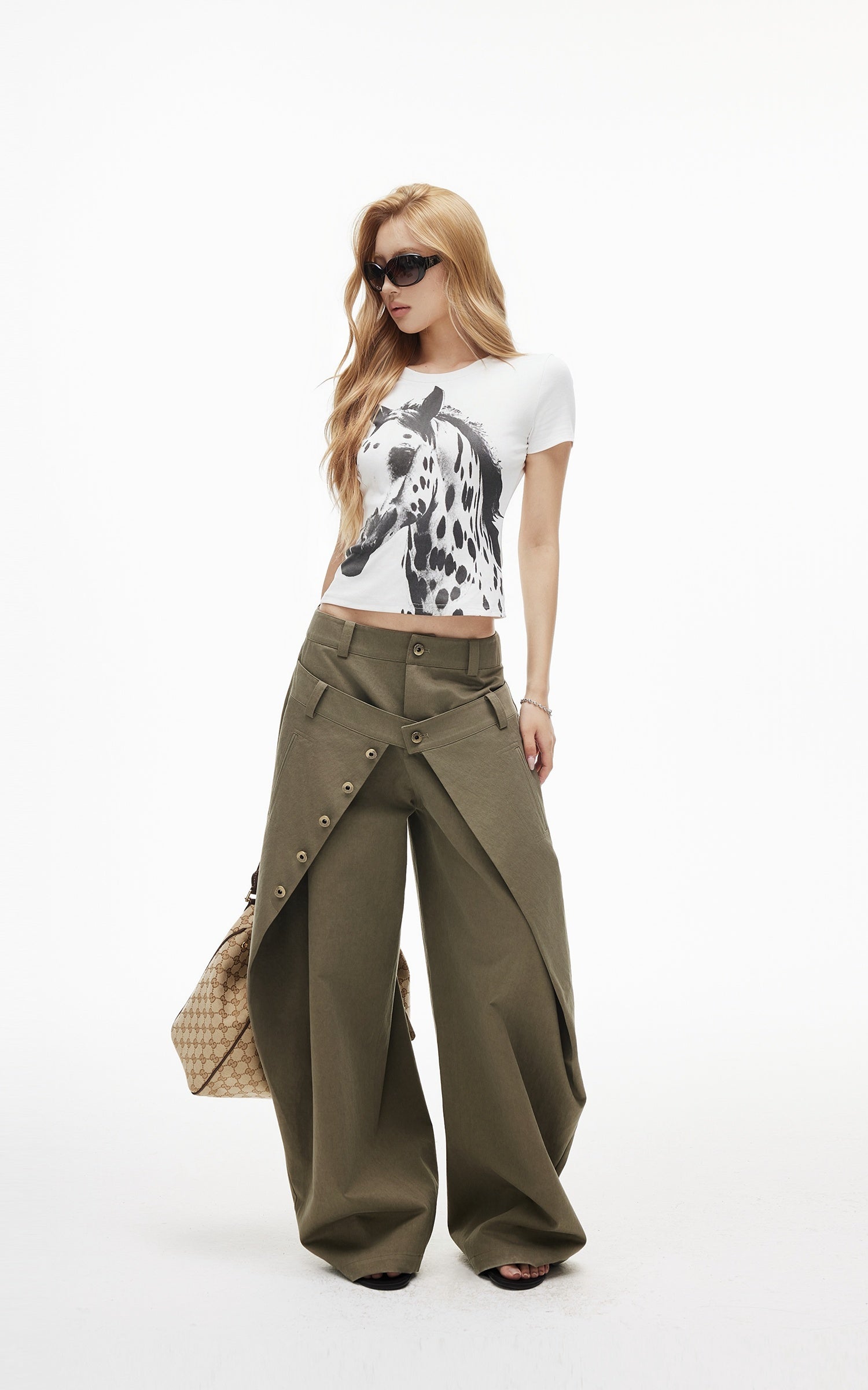 IAMXIAA Layered Waist Button Detail Wide-Leg Barrel Pants