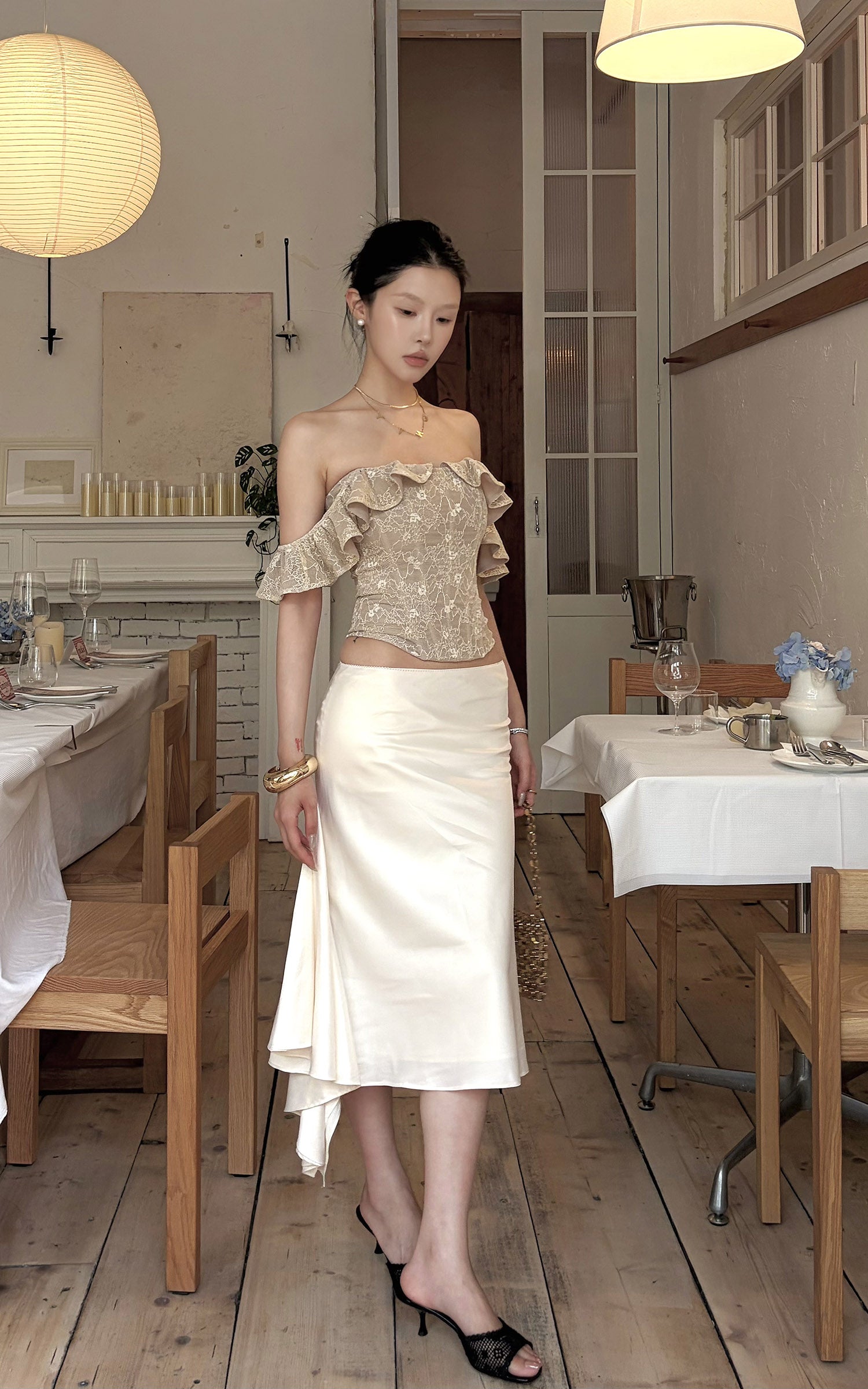 Hydrae Satin Asymmetric Midi Skirt with Draped Side Detail