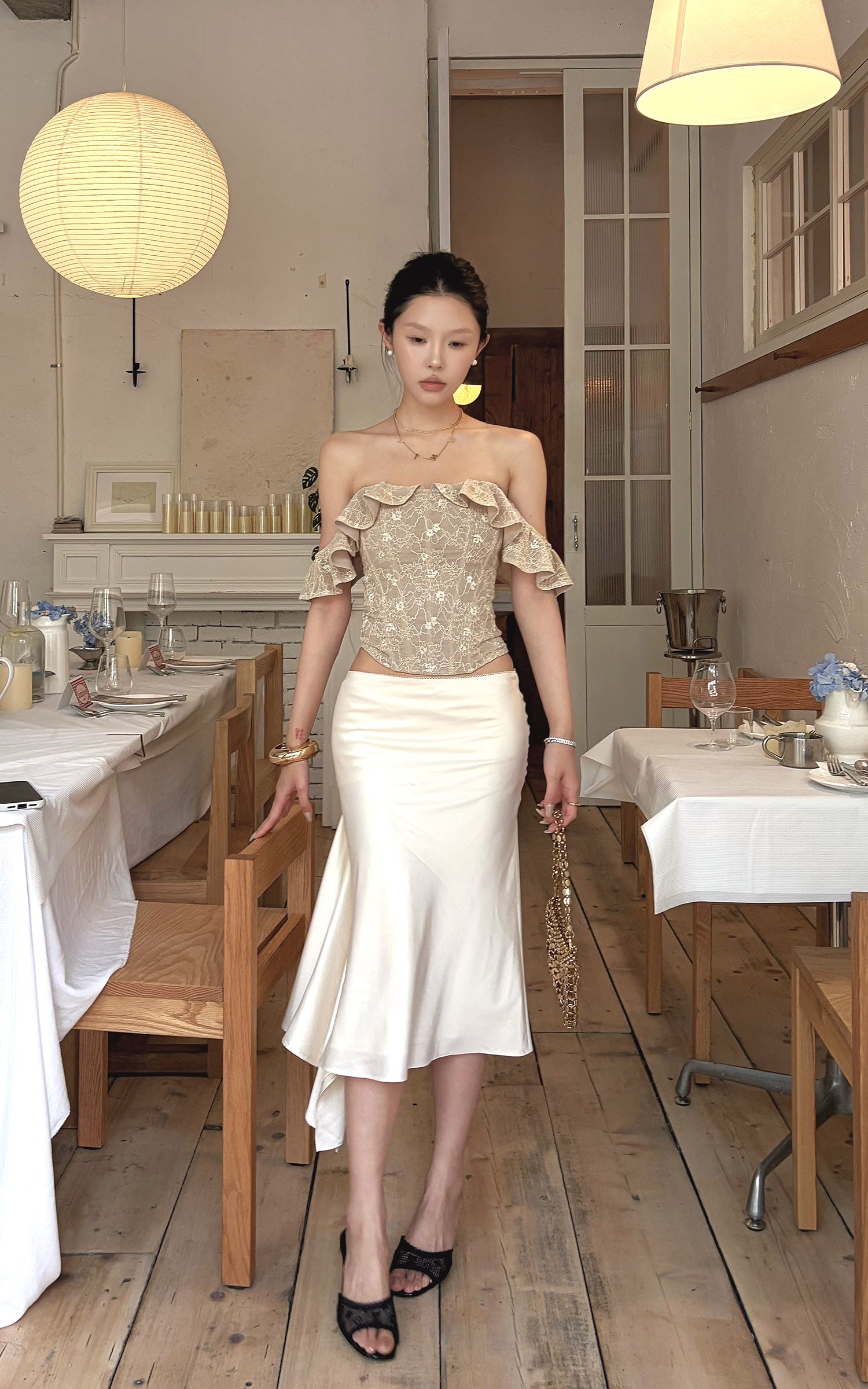 Hydrae Satin Asymmetric Midi Skirt with Draped Side Detail