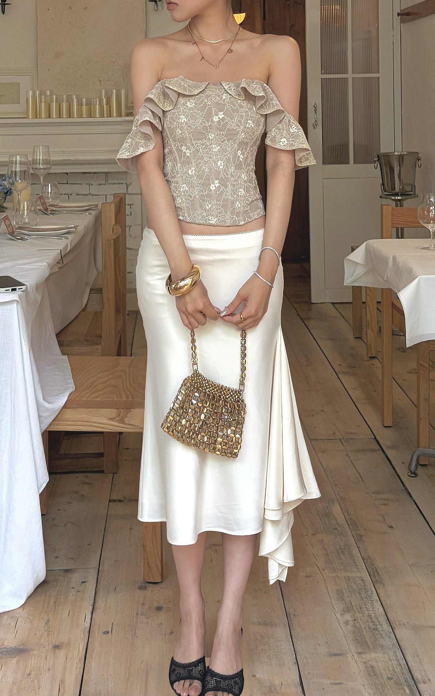Hydrae Satin Asymmetric Midi Skirt with Draped Side Detail