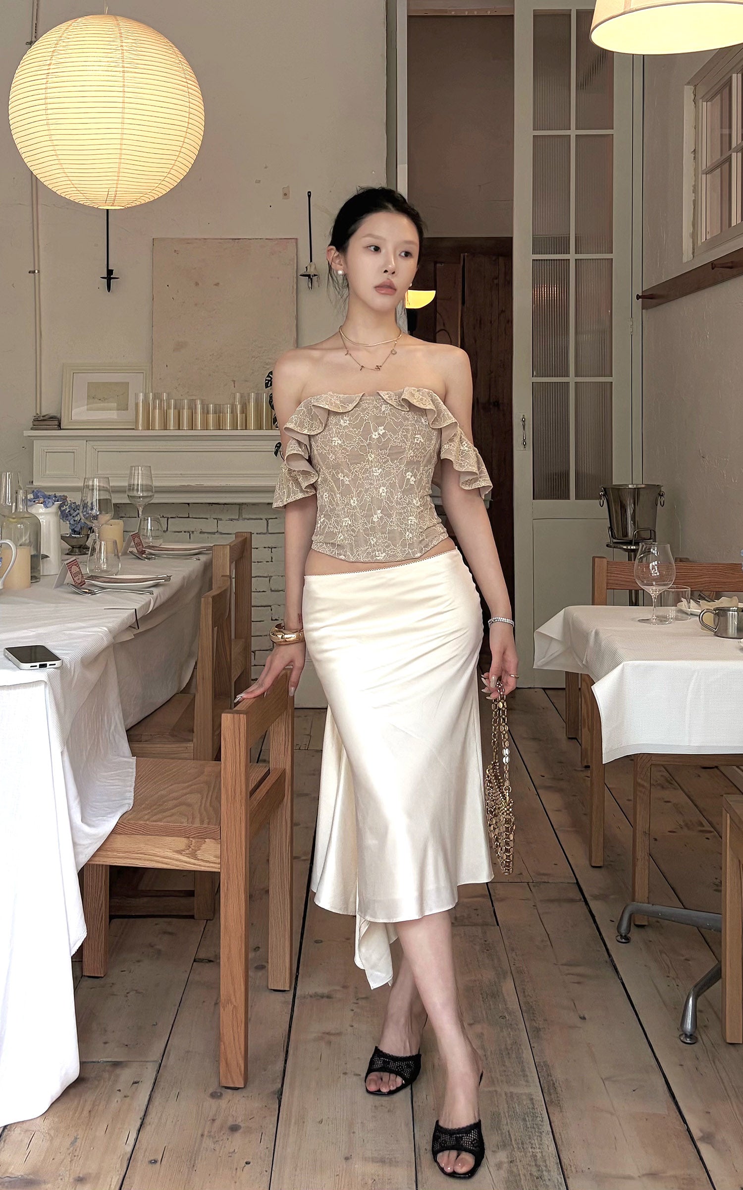 Hydrae Satin Asymmetric Midi Skirt with Draped Side Detail