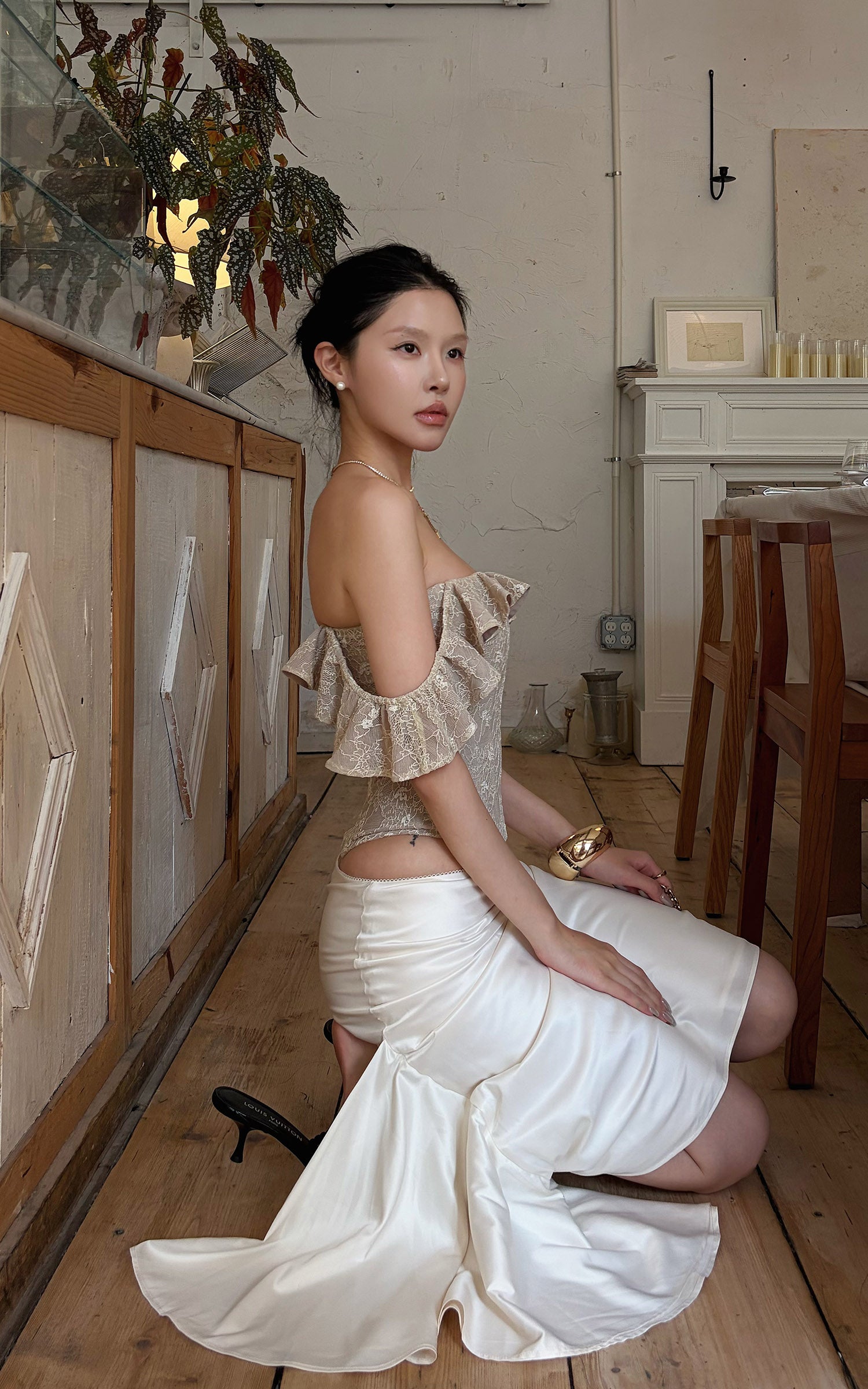 Hydrae Satin Asymmetric Midi Skirt with Draped Side Detail