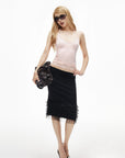IAMXIAA Layered Tulle Ruffle Hem Low Rise Bodycon Midi Skirt