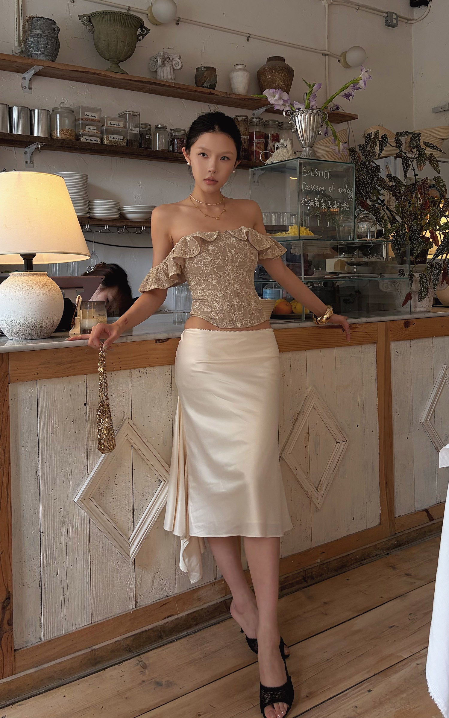 Hydrae Satin Asymmetric Midi Skirt with Draped Side Detail
