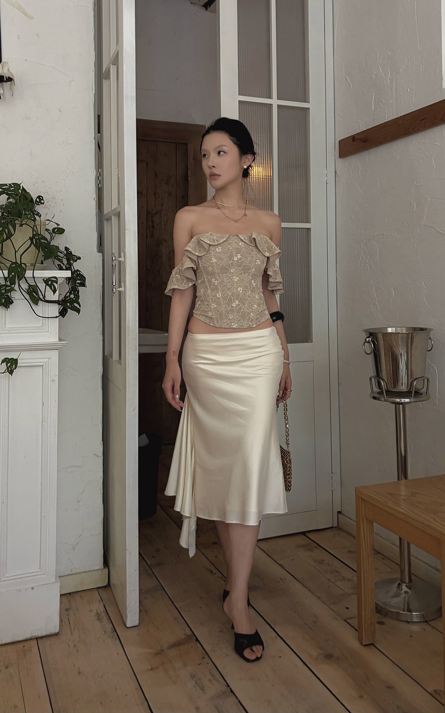 Hydrae Satin Asymmetric Midi Skirt with Draped Side Detail